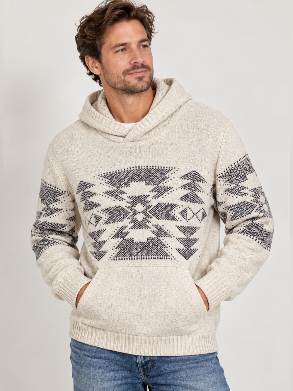 American Eagle Men’s Southwestern Aztec Hooded Sweater Cream Gray Size M